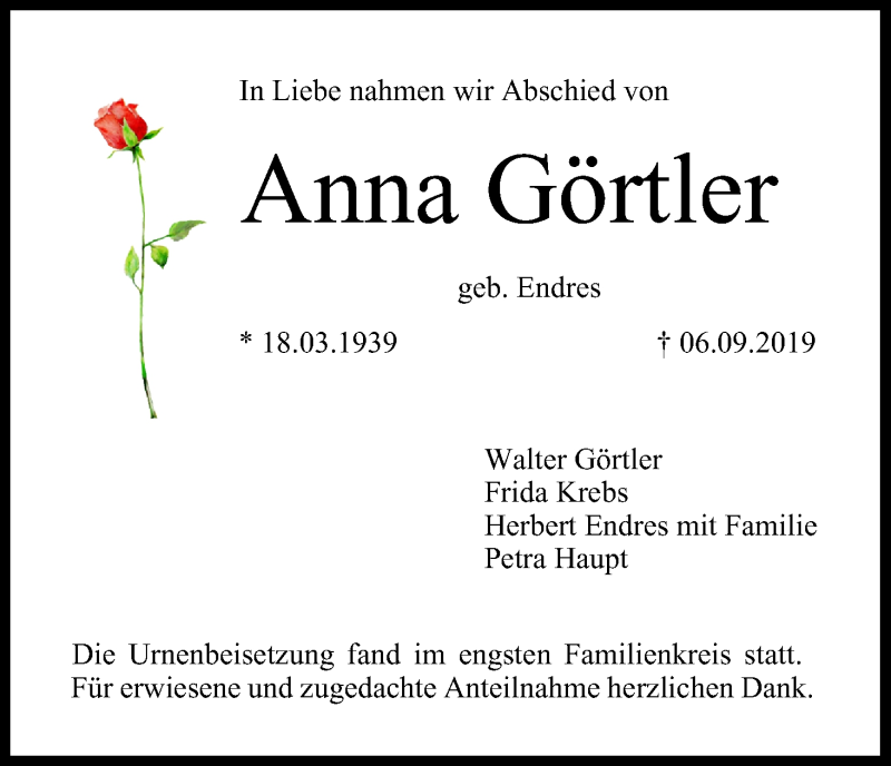  Traueranzeige für Anna Görtler vom 12.10.2019 aus MGO