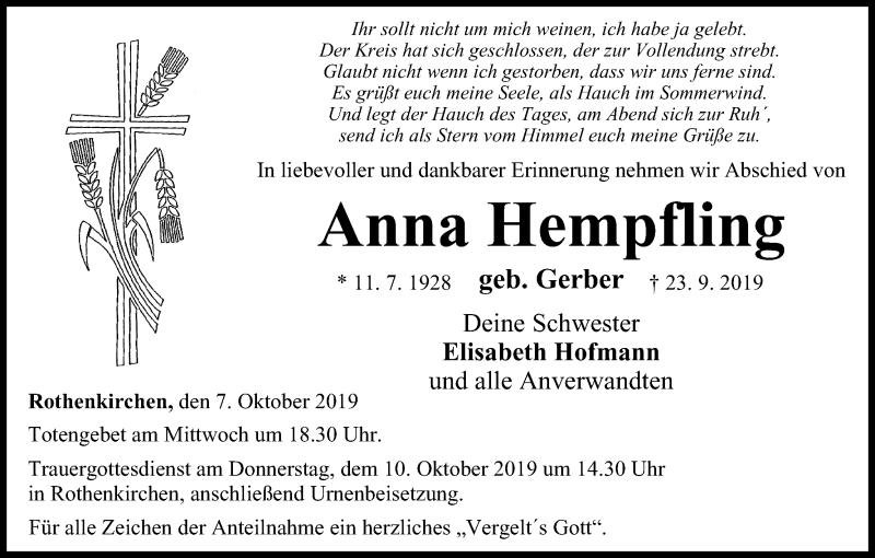  Traueranzeige für Anna Hempfling vom 07.10.2019 aus MGO