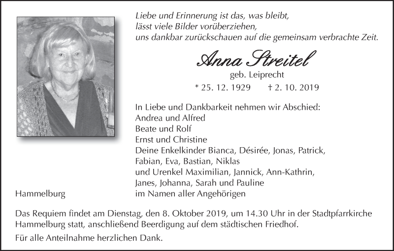  Traueranzeige für Anna Streitel vom 05.10.2019 aus MGO