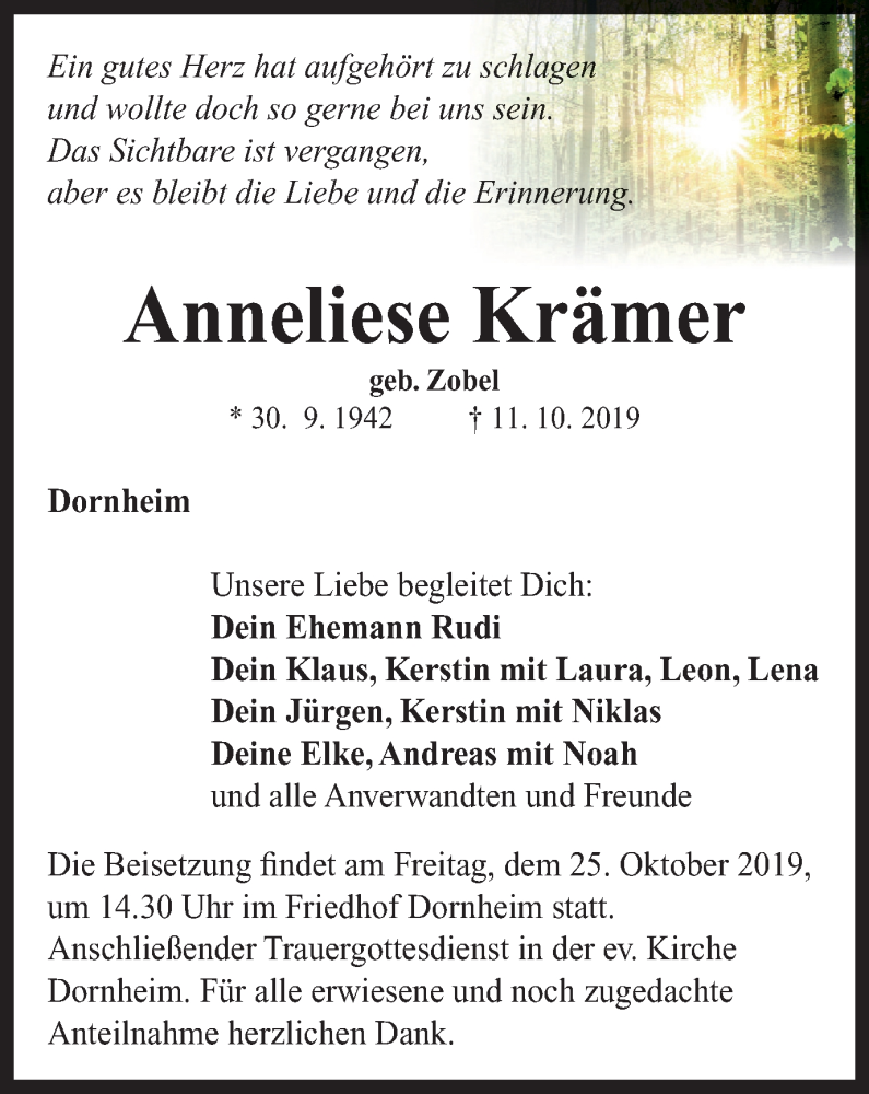  Traueranzeige für Anneliese Krämer vom 19.10.2019 aus MGO