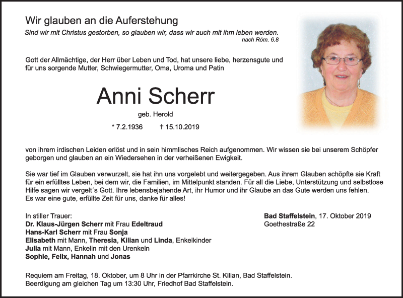  Traueranzeige für Anni Scherr vom 17.10.2019 aus MGO