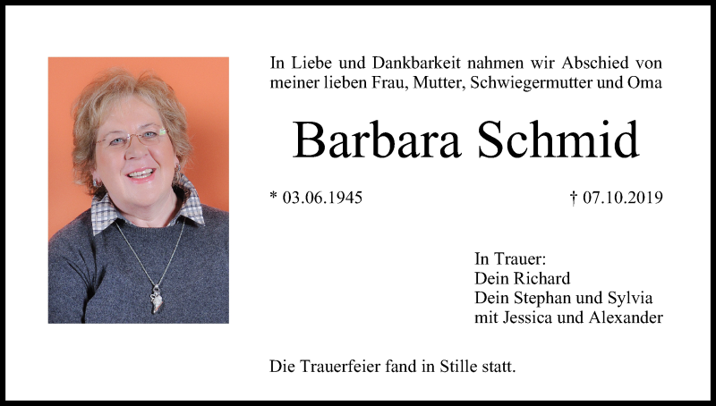  Traueranzeige für Barbara Schmid vom 26.10.2019 aus MGO