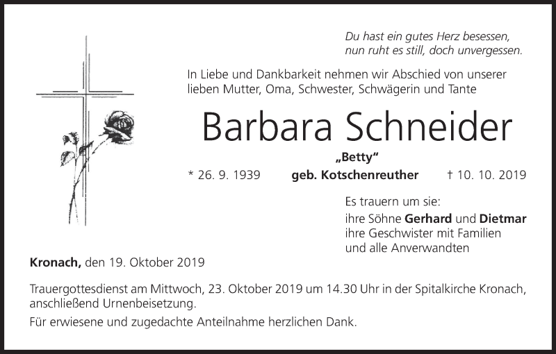  Traueranzeige für Barbara Schneider vom 19.10.2019 aus MGO