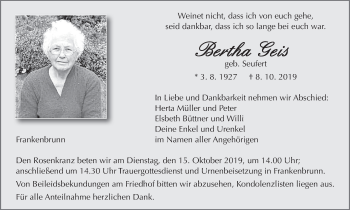 Anzeige von Bertha Geis von MGO