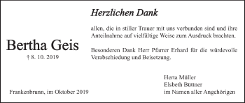 Anzeige von Bertha Geis von MGO