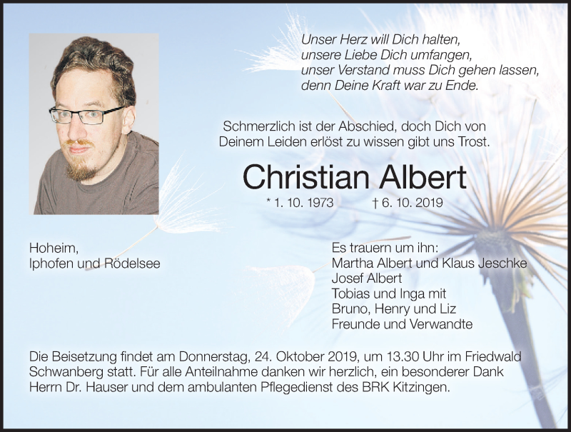  Traueranzeige für Christian Albert vom 19.10.2019 aus MGO