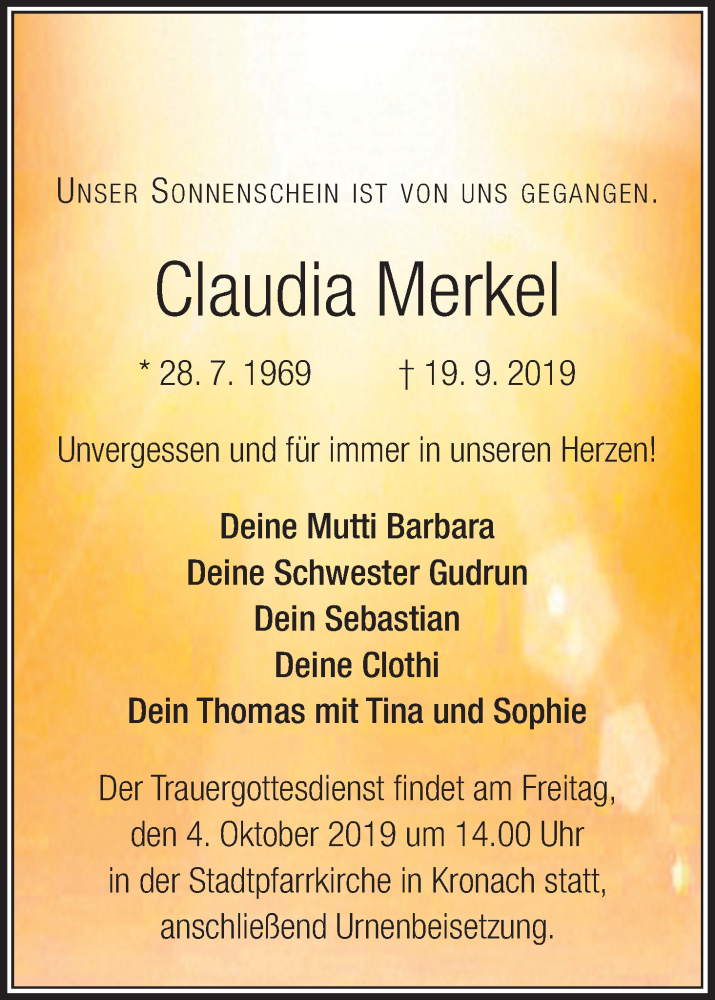  Traueranzeige für Claudia Merkel vom 01.10.2019 aus MGO