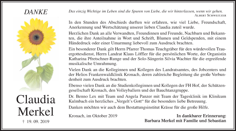  Traueranzeige für Claudia Merkel vom 19.10.2019 aus MGO