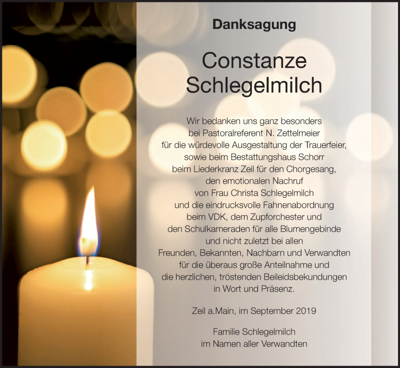  Traueranzeige für Constanze Schlegelmilch vom 12.10.2019 aus MGO