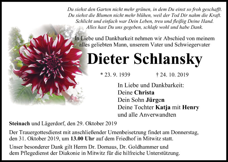  Traueranzeige für Dieter Schlansky vom 29.10.2019 aus MGO