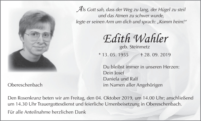  Traueranzeige für Edith Wahler vom 01.10.2019 aus MGO