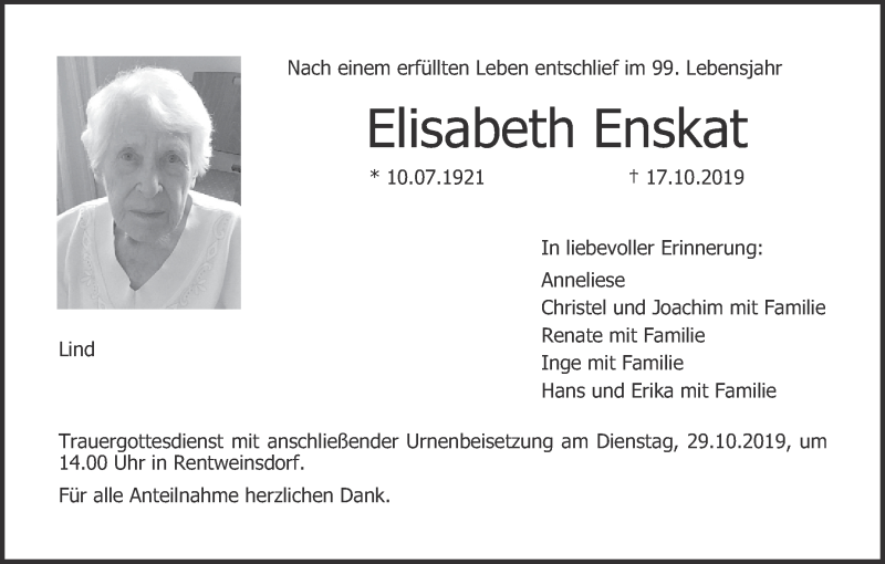  Traueranzeige für Elisabeth Enskat vom 26.10.2019 aus MGO