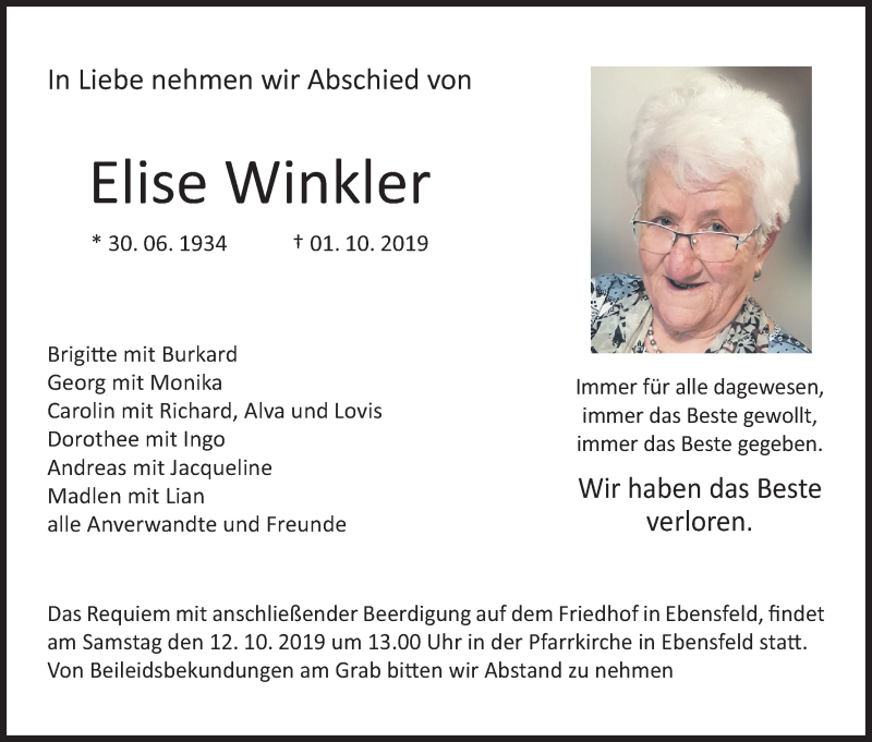  Traueranzeige für Elise Winkler vom 09.10.2019 aus MGO