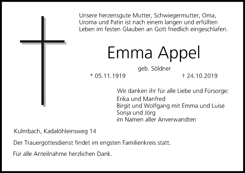  Traueranzeige für Emma Appel vom 26.10.2019 aus MGO