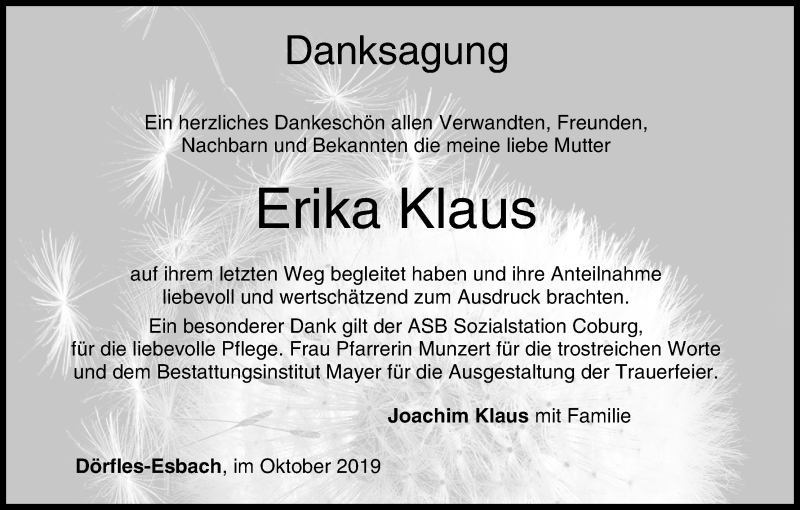  Traueranzeige für Erika Klaus vom 12.10.2019 aus MGO