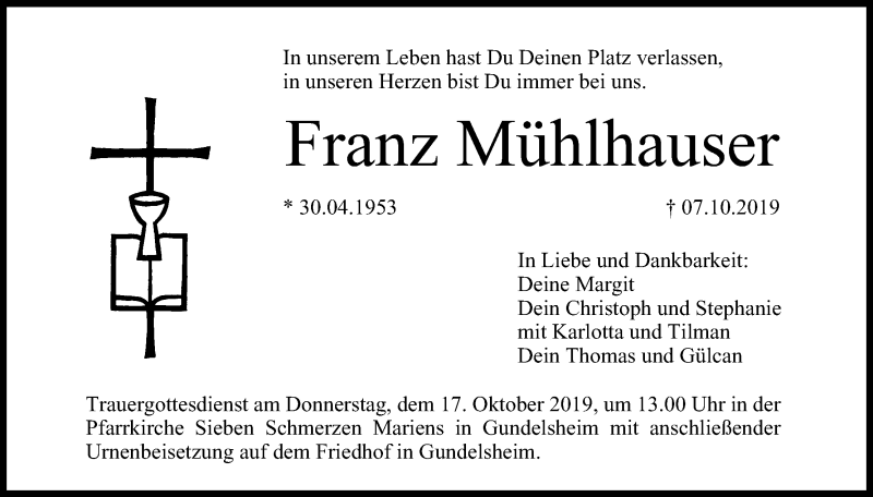  Traueranzeige für Franz Mühlhauser vom 12.10.2019 aus MGO