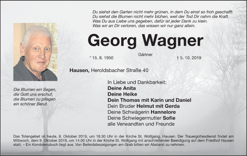  Traueranzeige für Georg Wagner vom 08.10.2019 aus MGO