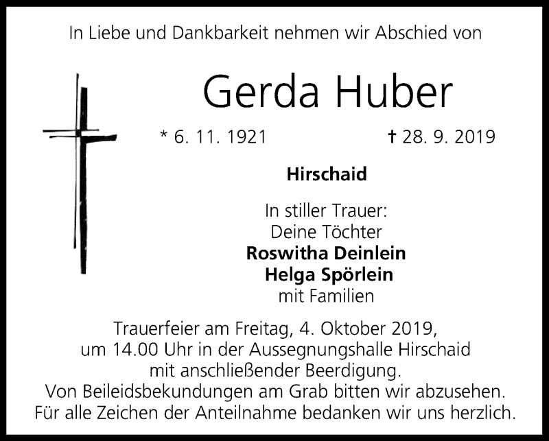  Traueranzeige für Gerda Huber vom 02.10.2019 aus MGO
