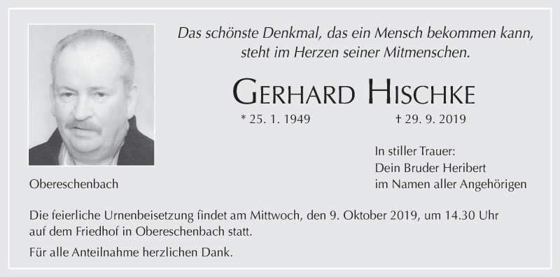  Traueranzeige für Gerhard Hischke vom 05.10.2019 aus MGO