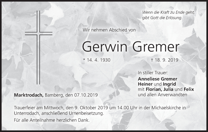  Traueranzeige für Gerwin Gremer vom 07.10.2019 aus MGO