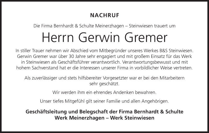  Traueranzeige für Gerwin Gremer vom 08.10.2019 aus MGO