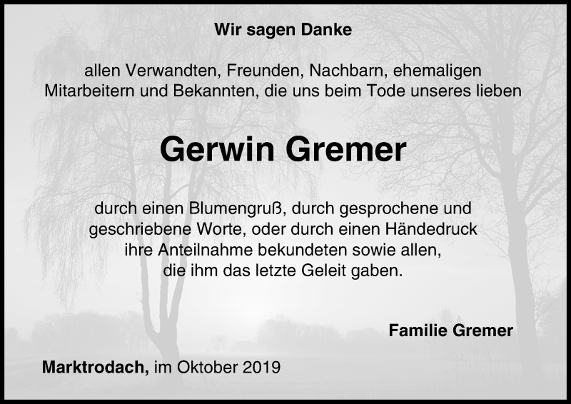  Traueranzeige für Gerwin Gremer vom 19.10.2019 aus MGO