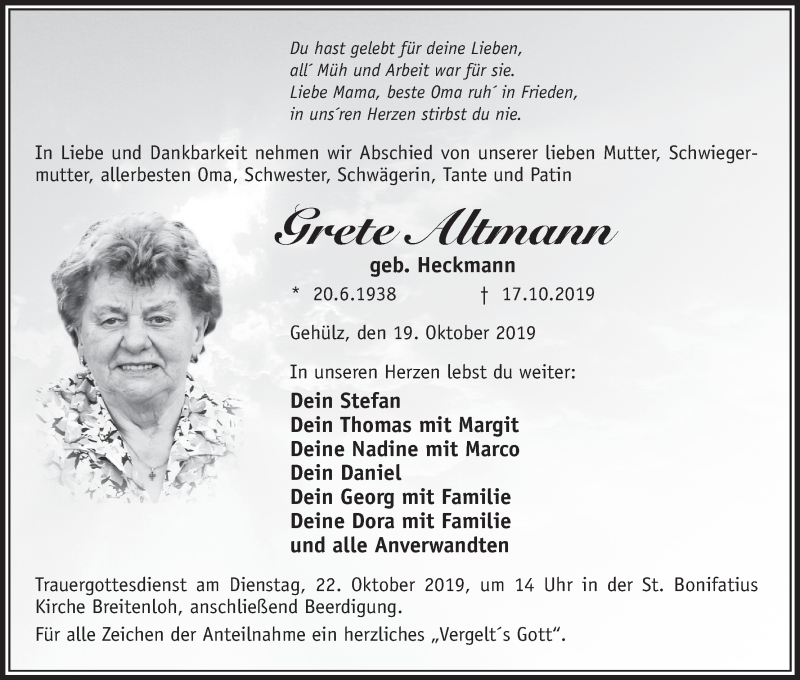  Traueranzeige für Grete Altmann vom 19.10.2019 aus MGO