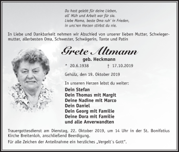 Anzeige von Grete Altmann von MGO