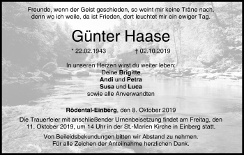 Anzeige von Günter Haase von MGO