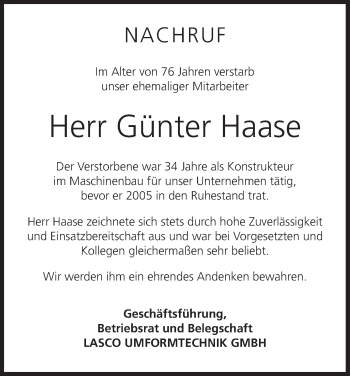 Anzeige von Günter Haase von MGO