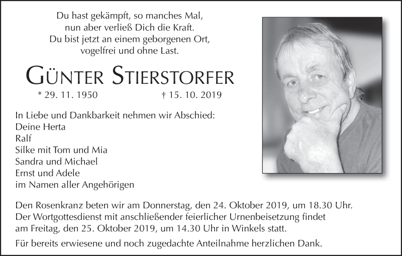  Traueranzeige für Günter Stierstorfer vom 19.10.2019 aus MGO