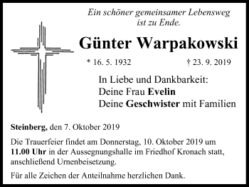 Anzeige von Günter Warpakowski von MGO