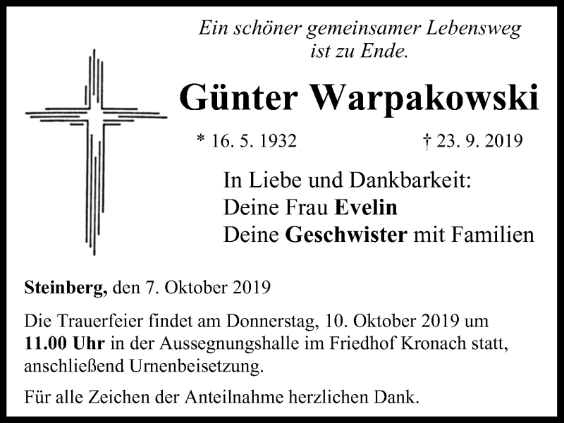  Traueranzeige für Günter Warpakowski vom 07.10.2019 aus MGO