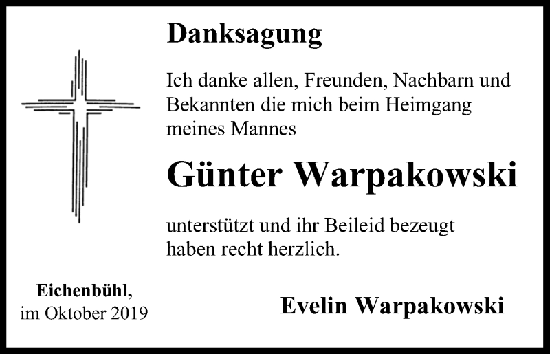  Traueranzeige für Günter Warpakowski vom 21.10.2019 aus MGO