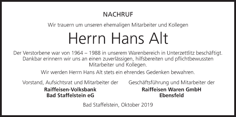  Traueranzeige für Hans Alt vom 11.10.2019 aus MGO