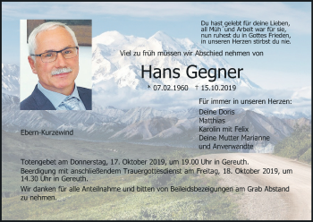 Anzeige von Hans Gegner von MGO