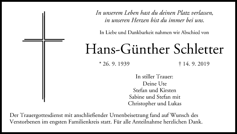  Traueranzeige für Hans-Günther Schletter vom 19.10.2019 aus MGO