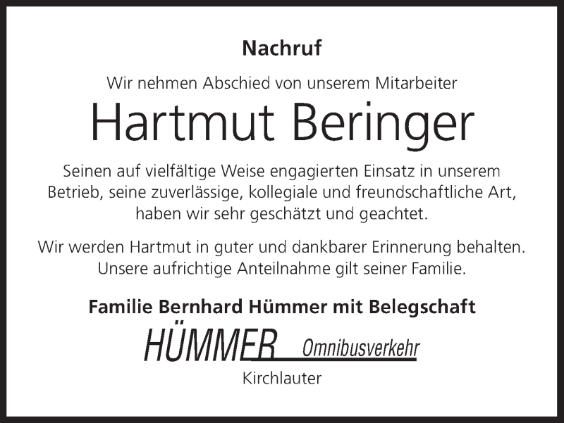  Traueranzeige für Hartmut Beringer vom 10.10.2019 aus MGO