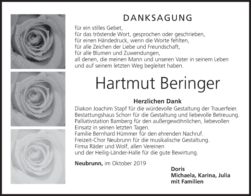  Traueranzeige für Hartmut Beringer vom 26.10.2019 aus MGO