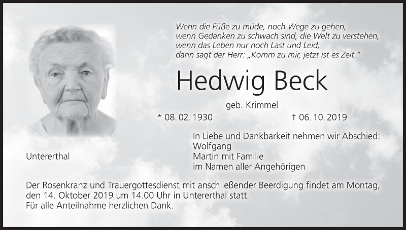  Traueranzeige für Hedwig Beck vom 10.10.2019 aus MGO