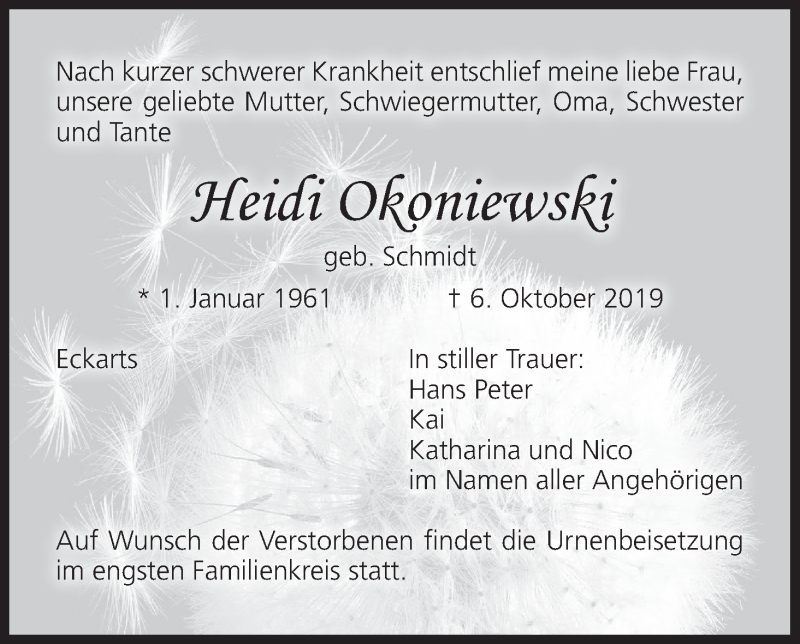  Traueranzeige für Heidi Okoniewski vom 12.10.2019 aus MGO