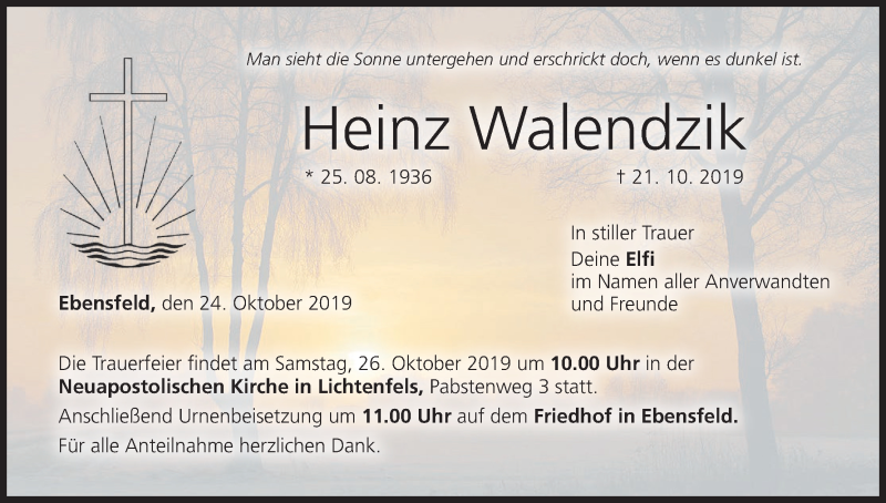  Traueranzeige für Heinz Walendzik vom 24.10.2019 aus MGO