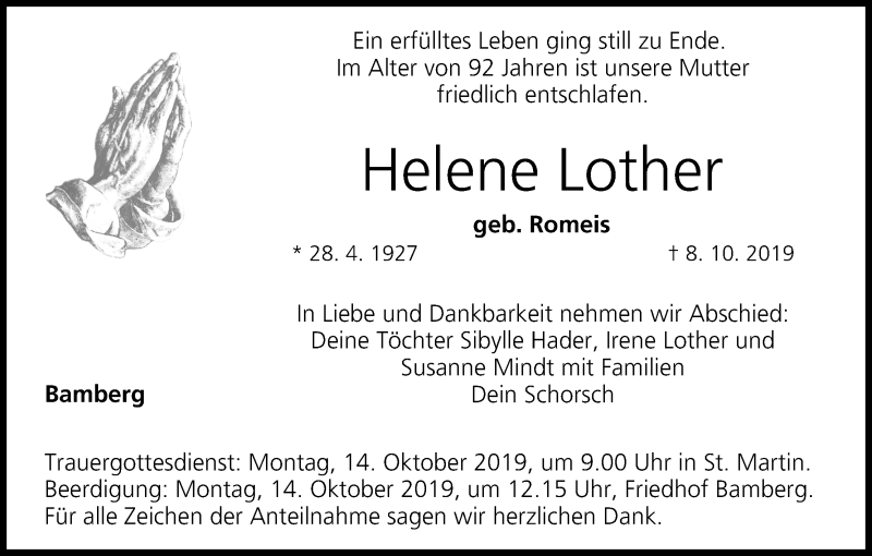  Traueranzeige für Helene Lother vom 11.10.2019 aus MGO