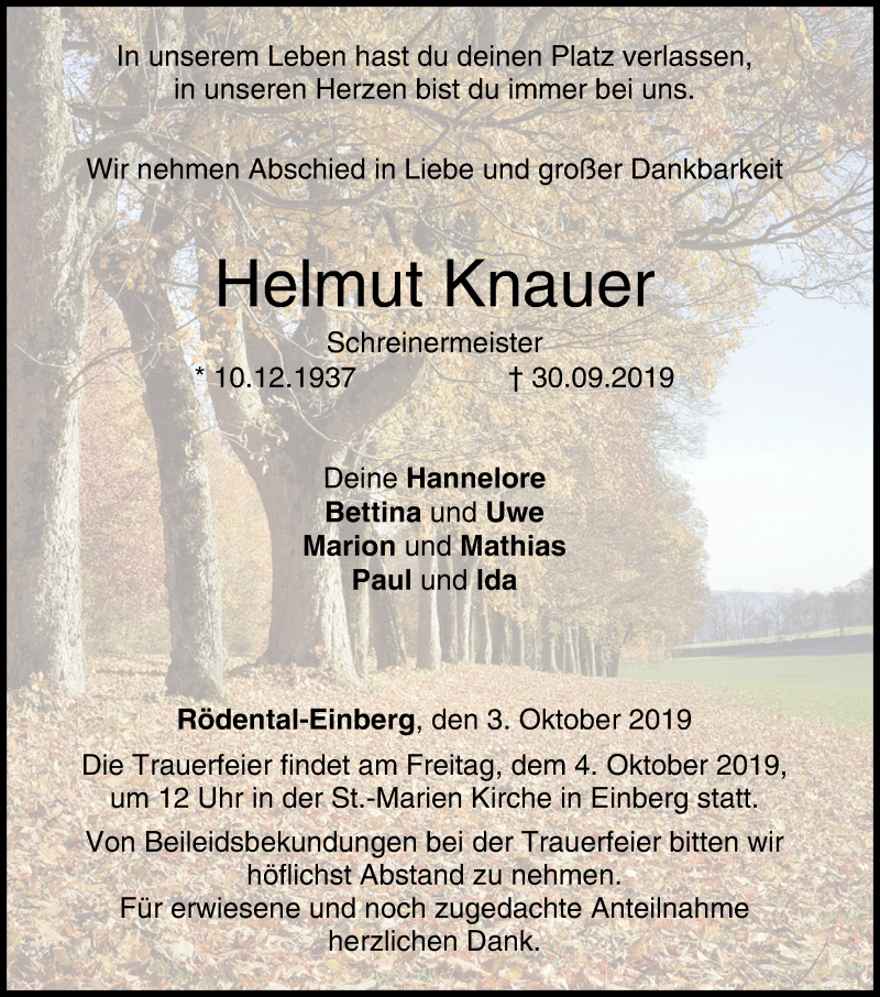  Traueranzeige für Helmut Knauer vom 03.10.2019 aus MGO