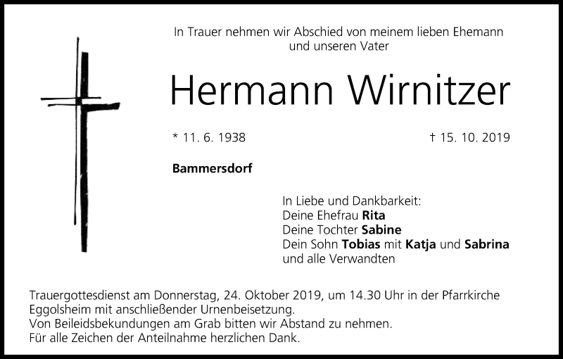  Traueranzeige für Hermann Wirnitzer vom 19.10.2019 aus MGO