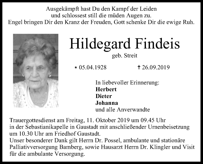  Traueranzeige für Hildegard Findeis vom 05.10.2019 aus MGO