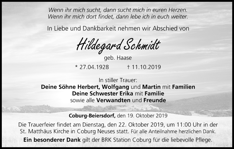  Traueranzeige für Hildegard Schmidt vom 19.10.2019 aus MGO
