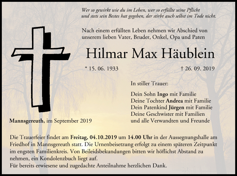  Traueranzeige für Hilmar Max Häublein vom 01.10.2019 aus MGO