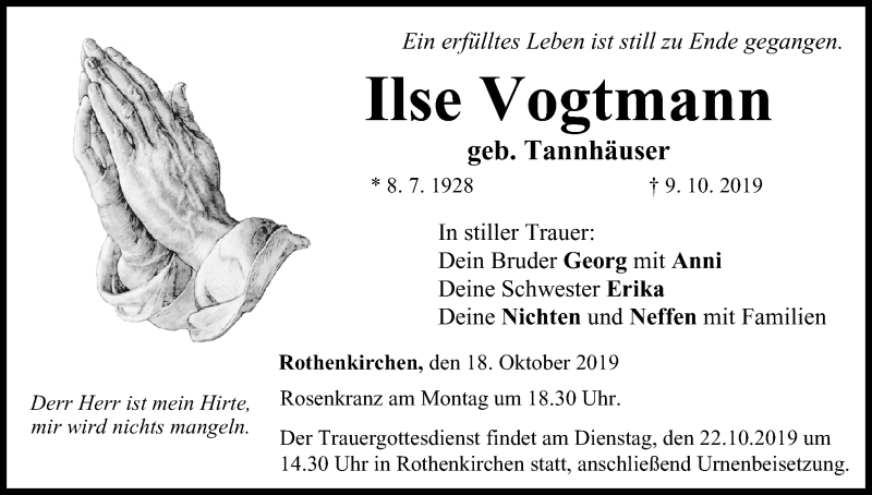  Traueranzeige für Ilse Vogtmann vom 18.10.2019 aus MGO
