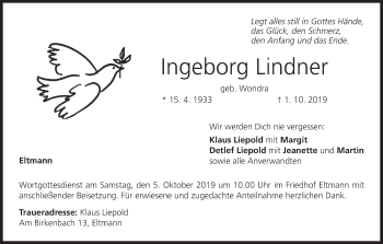Anzeige von Ingeborg Lindner von MGO
